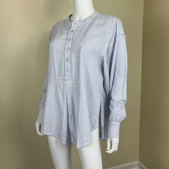 Free People Womens Size S Blue Pinstripe Sky Combo Edge Washed Tunic Blouse Boho - Picture 12 of 14
